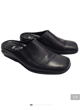 1803 Women's Black Leather Slip On Loafer Clogs Shoes Size 38